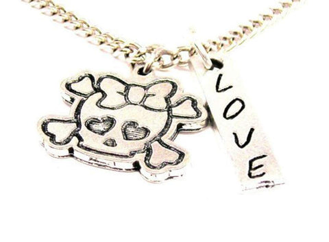 Skull And Crossbones With Bow And Heart Eyes Love Stick Necklace