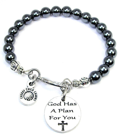 God Has A Plan For You Hematite Glass Bracelet