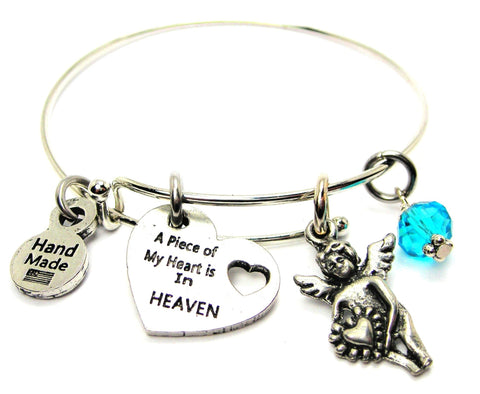 A Piece Of My Heart Is In Heaven With Angel Charm Expandable Bangle Bracelet