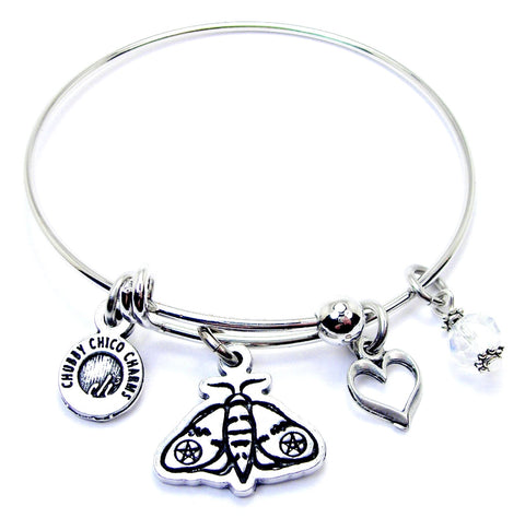 Moth With Pentacle On Wings Expandable Bangle Bracelet