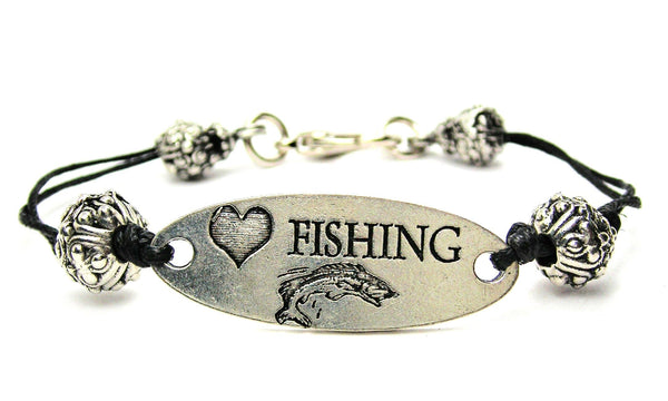 Love Fishing Black Cord Connector Bracelet - American Made Pewter