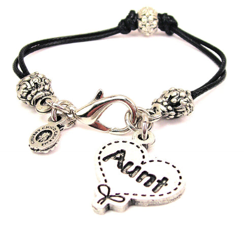 Aunt Quilted Heart Beaded Black Cord Bracelet