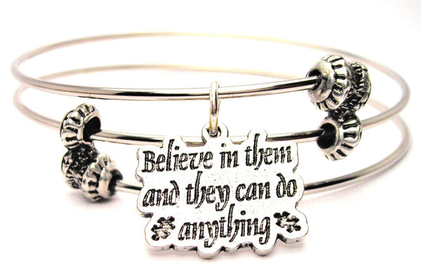 Believe In Them And They Can Do Anything With Puzzle Pieces Autism Awareness Triple Style Expandable Bangle Bracelet