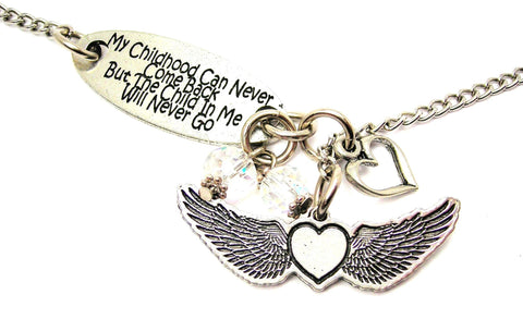 My Childhood Can Never Come Back But... And Heart With Flying Wings Lariat Necklace