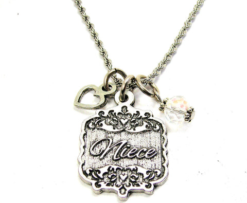 Niece Victorian Scroll With Open Heart And Crystal 20" Stainless Steel Rope Necklace