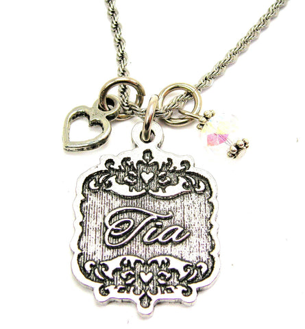 Tia Victorian Scroll With With Open Heart And Crystal 20" Stainless Steel Rope Necklace