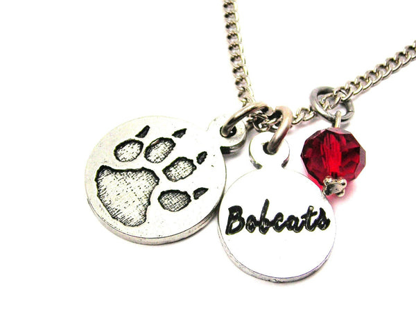 Furry Paw With Bobcats Circle Tab Necklace With Crystal Accent