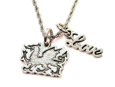 Welsh Dragon 20" Chain Necklace With Cursive Love Accent