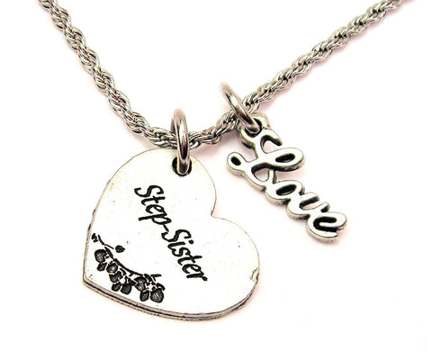 Step Sister Heart 20" Chain Necklace With Cursive Love Accent