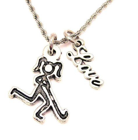 Stick Figure Lacrosse Girl 20" Chain Necklace With Cursive Love Accent