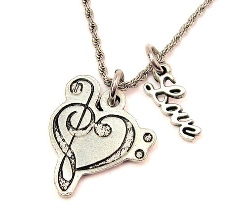 Treble Clef Bass Clef Heart 20" Chain Necklace With Cursive Love Accent