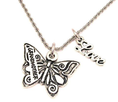 Grandmother Butterfly 20" Chain Necklace With Cursive Love Accent
