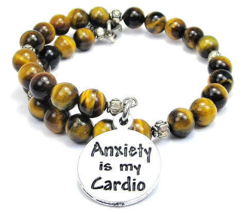 Anxiety Is My Cardio Tiger's Eye Glass Beaded Wrap Bracelet