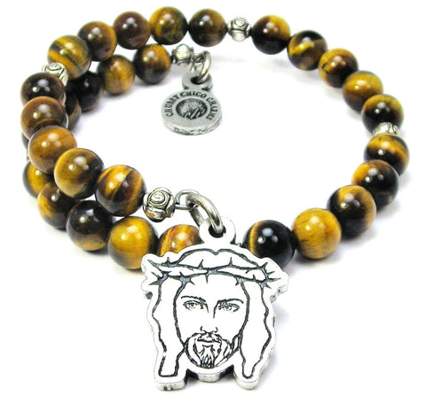 Portrait Of Jesus With Crown Of Thorns Tiger's Eye Glass Beaded Wrap Bracelet