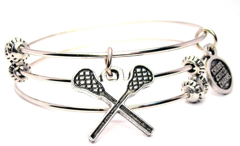 Crossed Lacrosse Sticks Triple Style Expandable Bangle Bracelet
