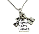 Never stop reading Charm Holder Necklace 20" Chain Necklace  reading glasses open book