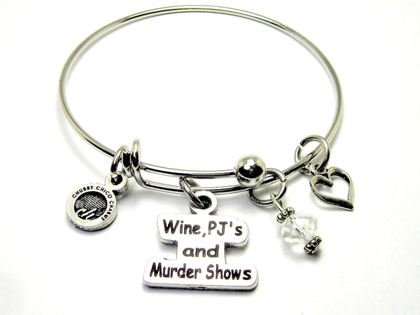 Wine PJs and murder shows true crime documentaries bangle Bracelet