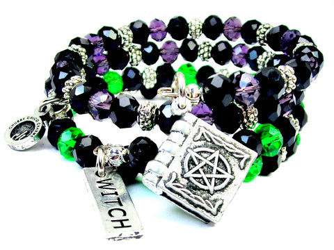 Pentacle book 3D charm and Witch 2 piece beaded bracelets gift set