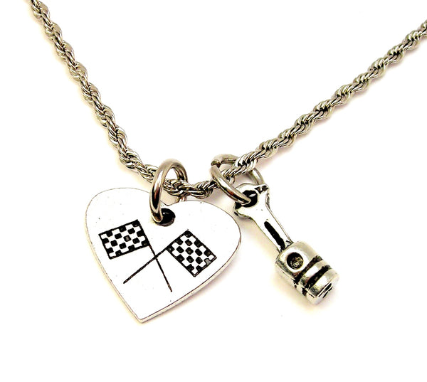 Crossed Race Flags In A Heart  With 3d motor piston 20" Rope Necklace