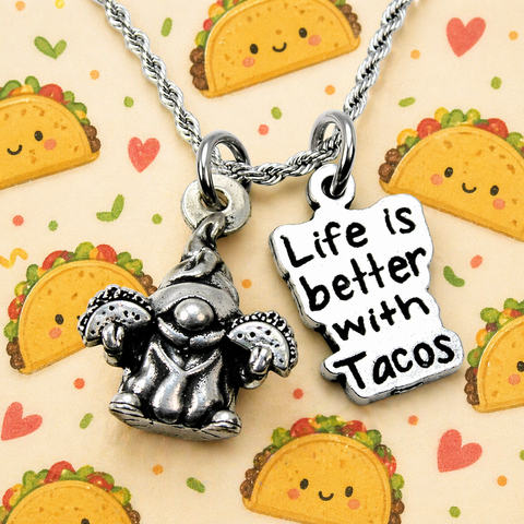 Life is better with tacos with Taco Eating Gnome   20" Chain Necklace