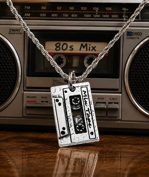 Mix tape music lover necklace 20" stainless steel Generation X music