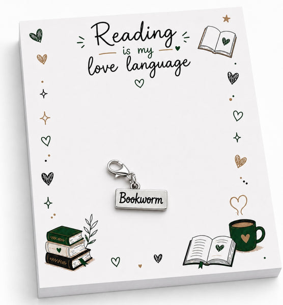 Reading is my love language with bookworm charm memo pad notepad