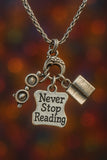 Never stop reading Charm Holder Necklace 20" Chain Necklace  reading glasses open book