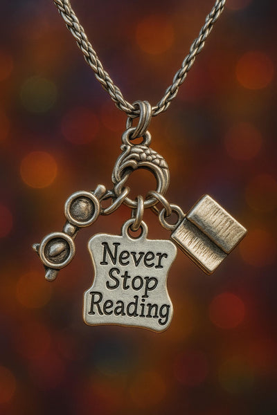 Never stop reading Charm Holder Necklace 20" Chain Necklace  reading glasses open book