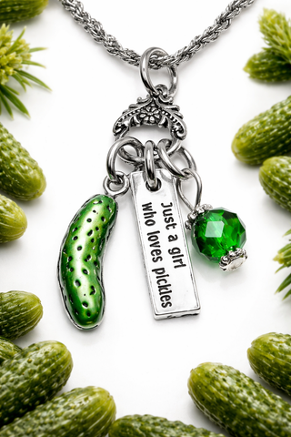 Just a girl in love with pickles Pickle jar charm holder necklace 20" chain