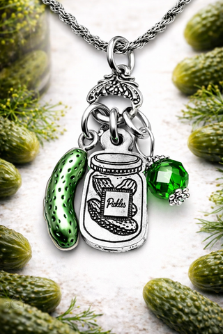 Pickle jar with green pickle and green crystal charm holder necklace 20" chain