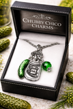 Pickle jar with green pickle and green crystal charm holder necklace 20" chain