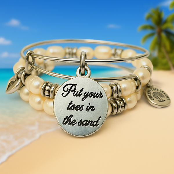 Put Your Toes In The Sand Natural Fresh Water Pearls Expandable Bangle Bracelet Set