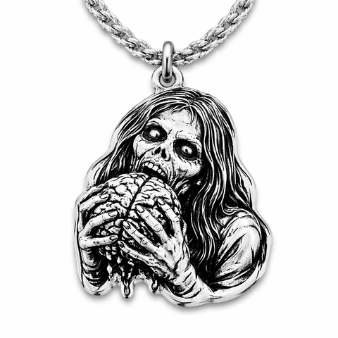 Zombie girl holding eating brains Single Charm Necklace
