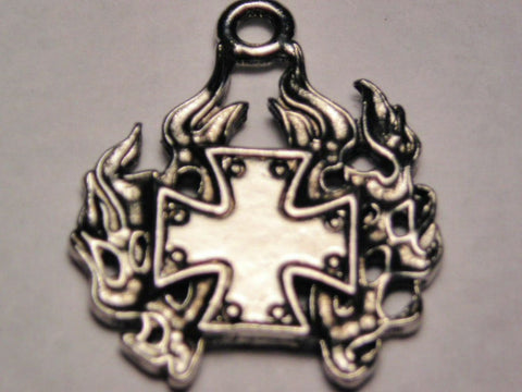 Motorcycle Cross With Flames Genuine American Pewter Charm