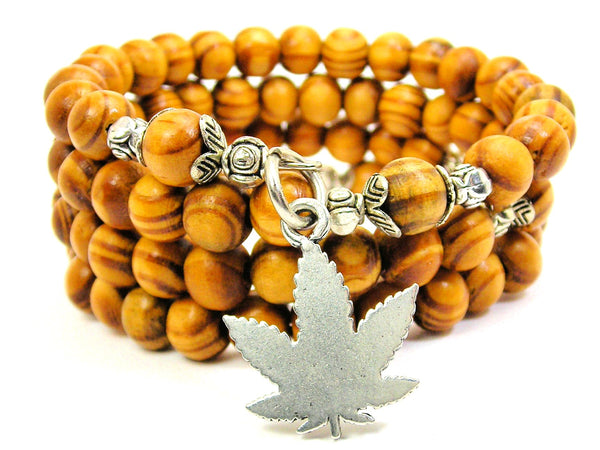 Marijuana Cannabis Leaf Natural Wood Wrap Bracelet