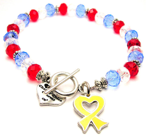 Hand Painted Heart Shaped Awareness Ribbon Yellow Crystal Beaded Toggle Style Bracelet