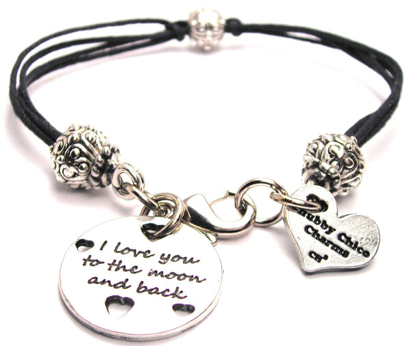 I Love You To The Moon And Back With Hearts Beaded Black Cord Bracelet
