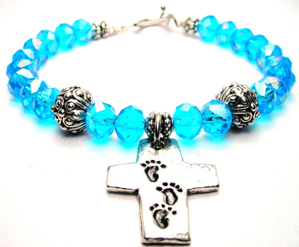 Cross With Footprints Crystal Beaded Toggle Style Bracelet