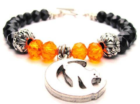 Cat On Moon Black And Pumpkin Orange Halloween Crystal Beaded Toggle Style Bracelet
