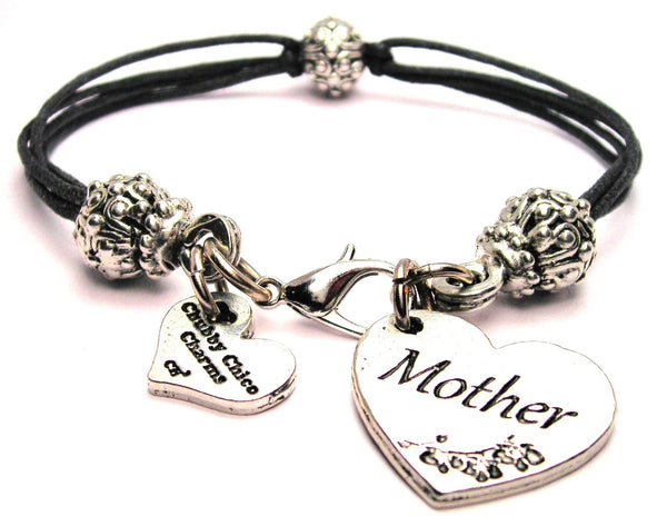 Mother Heart Beaded Black Cord Bracelet