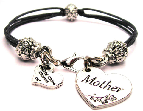 Mother Heart Beaded Black Cord Bracelet