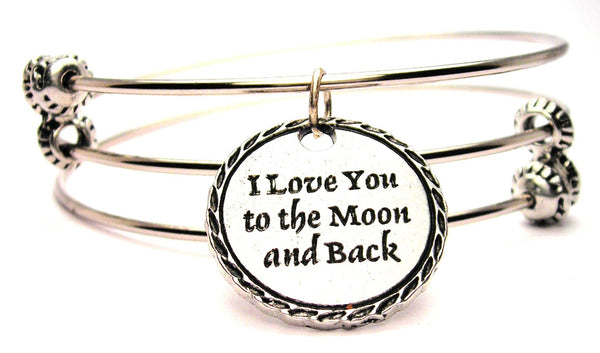 Detailed Trim I Love You To The Moon And Back Triple Style Expandable Bangle Bracelet