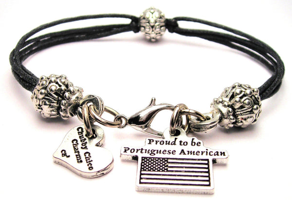 Proud To Be Portuguese American Beaded Black Cord Bracelet