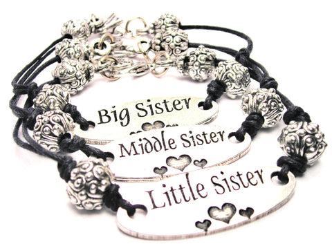 Little Sister Middle Sister Big Sister 3 Piece Black Cord Connector Bracelet Set