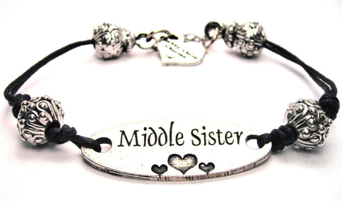 Middle Sister With Hearts Black Cord Connector Bracelet