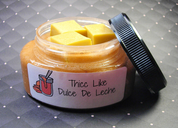 Dulce de leche body sugar scrub with caramel chunks of soap part of our Latina line