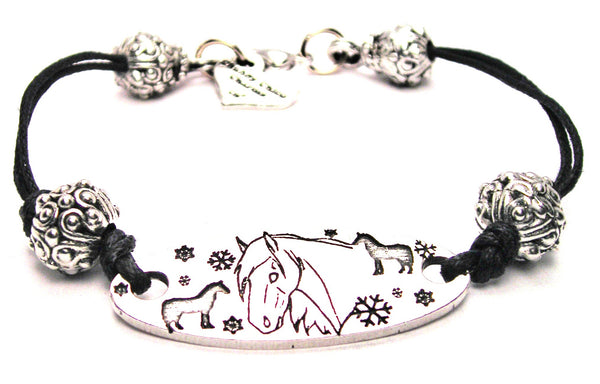 Snowflakes And Horses Black Cord Connector Bracelet