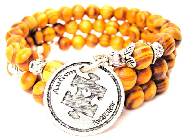 Autism Awareness Natural Wood Wrap Bracelet