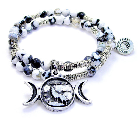 Triple Moon With Howling Wolf Center Agate Stone Microcrystalline Quartz Wrap Bracelet