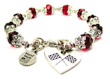 Crossed Race Flags In A Heart Capped Crystal Bracelet